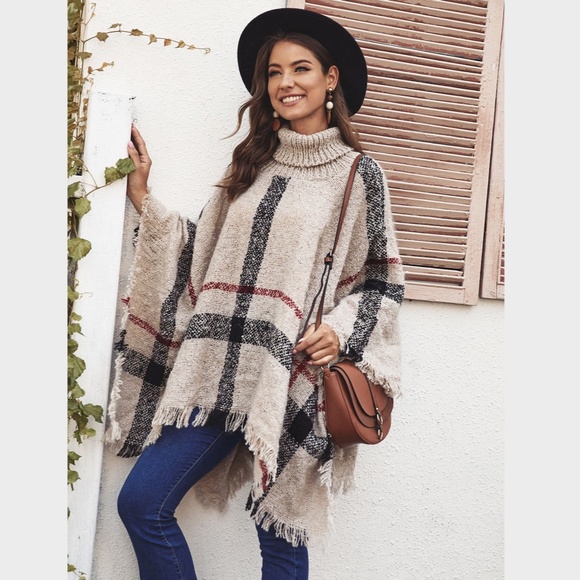 Plaid Beige Turtleneck Poncho - Picture 2 of 11